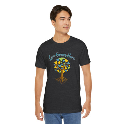 Love Grows Here T-Shirt — Heart Tree Graphic Tee