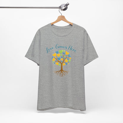 Love Grows Here T-Shirt — Heart Tree Graphic Tee