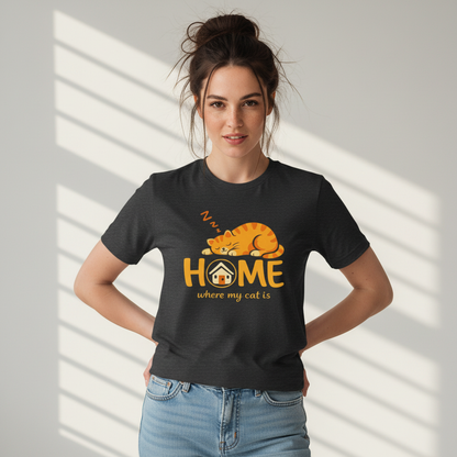Cat Home T-Shirt — "Home Where My Cat Is" Cute Sleeping Cat Tee
