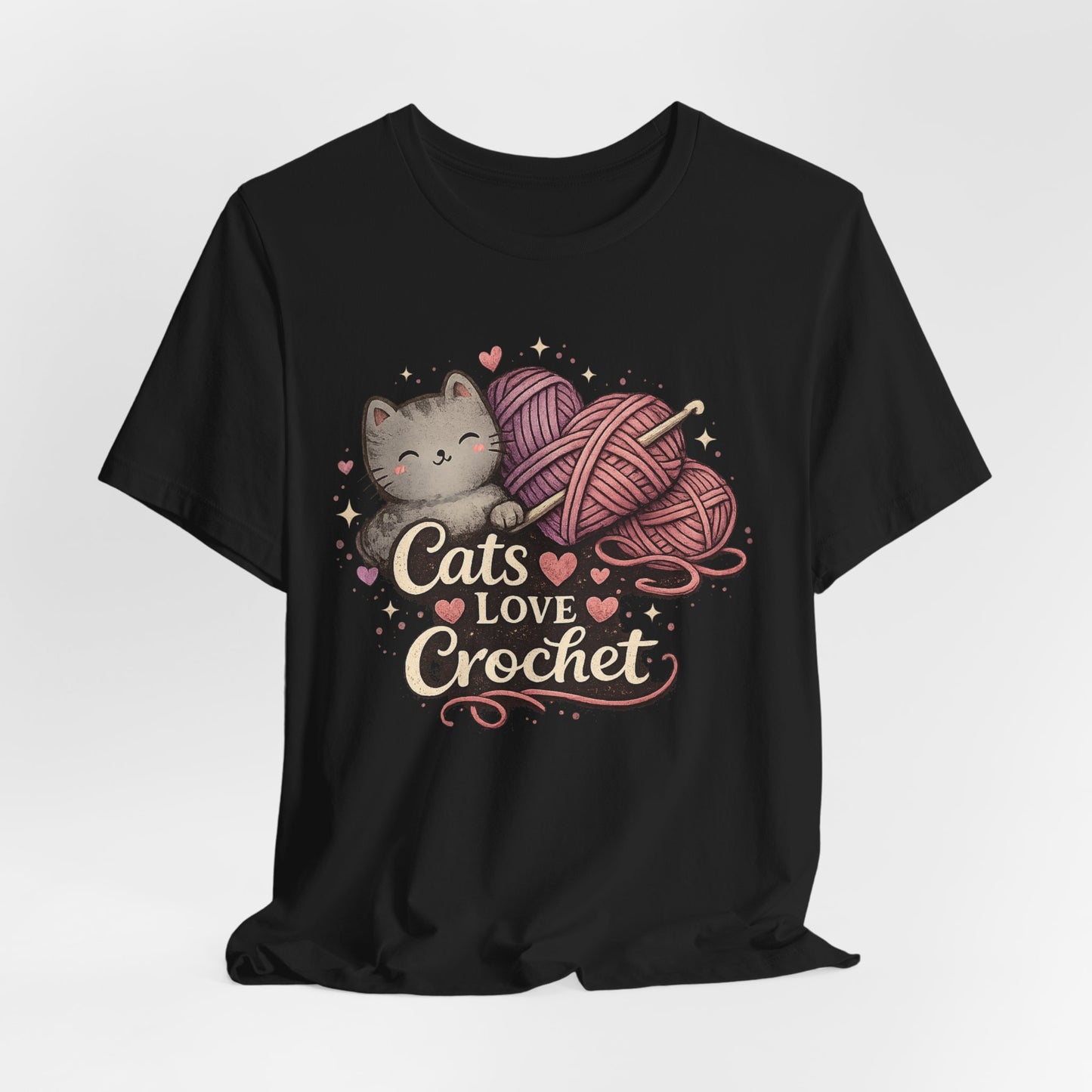 Cats Love Crochet T-Shirt — Cute Cat & Yarn Graphic Tee for Crochet Lovers