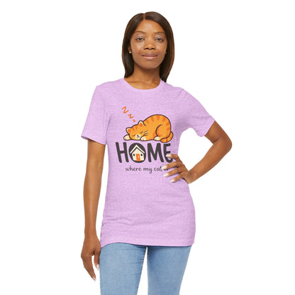 Cat Home T-Shirt — "Home Where My Cat Is" Cute Sleeping Cat Tee