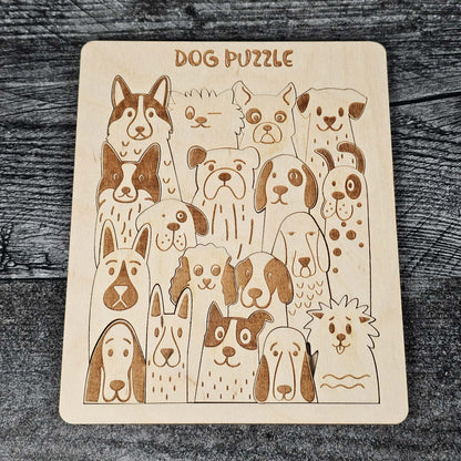 Wooden puzzle with illustrations of dogs on a wooden surface
