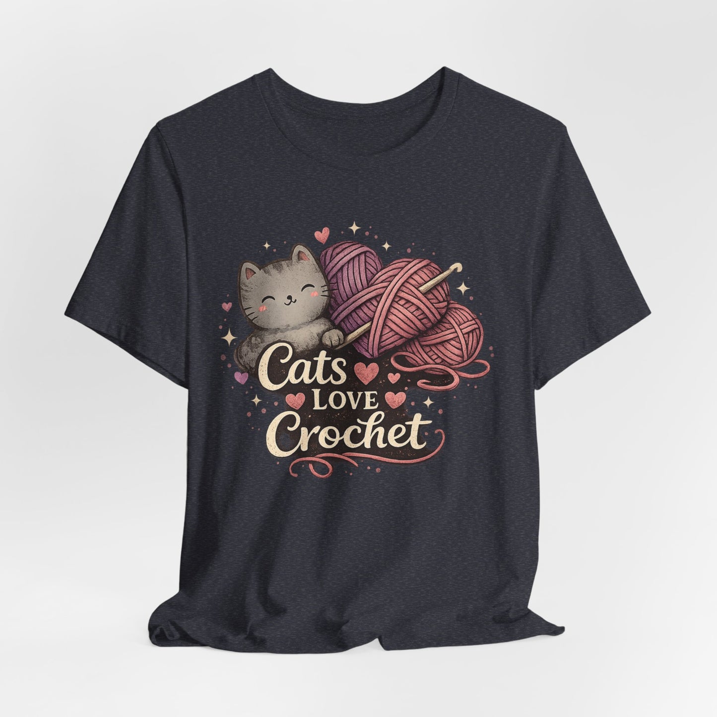 Cats Love Crochet T-Shirt — Cute Cat & Yarn Graphic Tee for Crochet Lovers