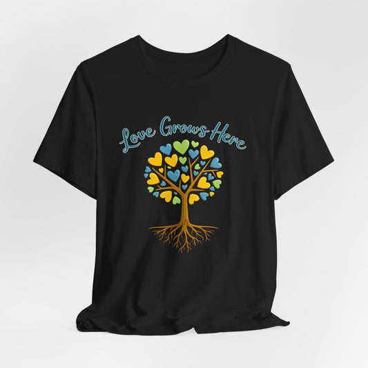 Love Grows Here T-Shirt — Heart Tree Graphic Tee