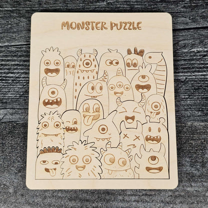 Wooden monster puzzle on a dark wooden surface