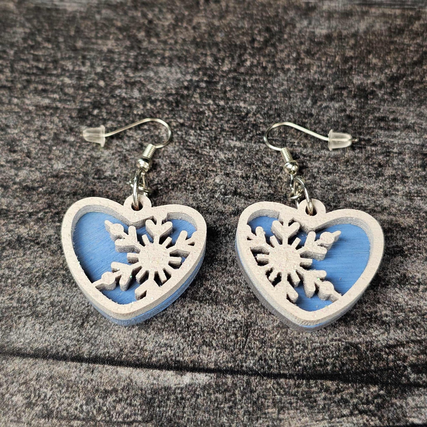 Snowflake Heart Earrings – Layered Wood with Glitter Finish