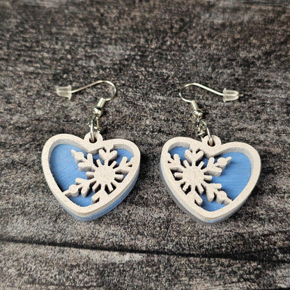 Snowflake Heart Earrings – Layered Wood with Glitter Finish