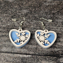 Load image into Gallery viewer, Snowflake Heart Earrings – Layered Wood with Glitter Finish