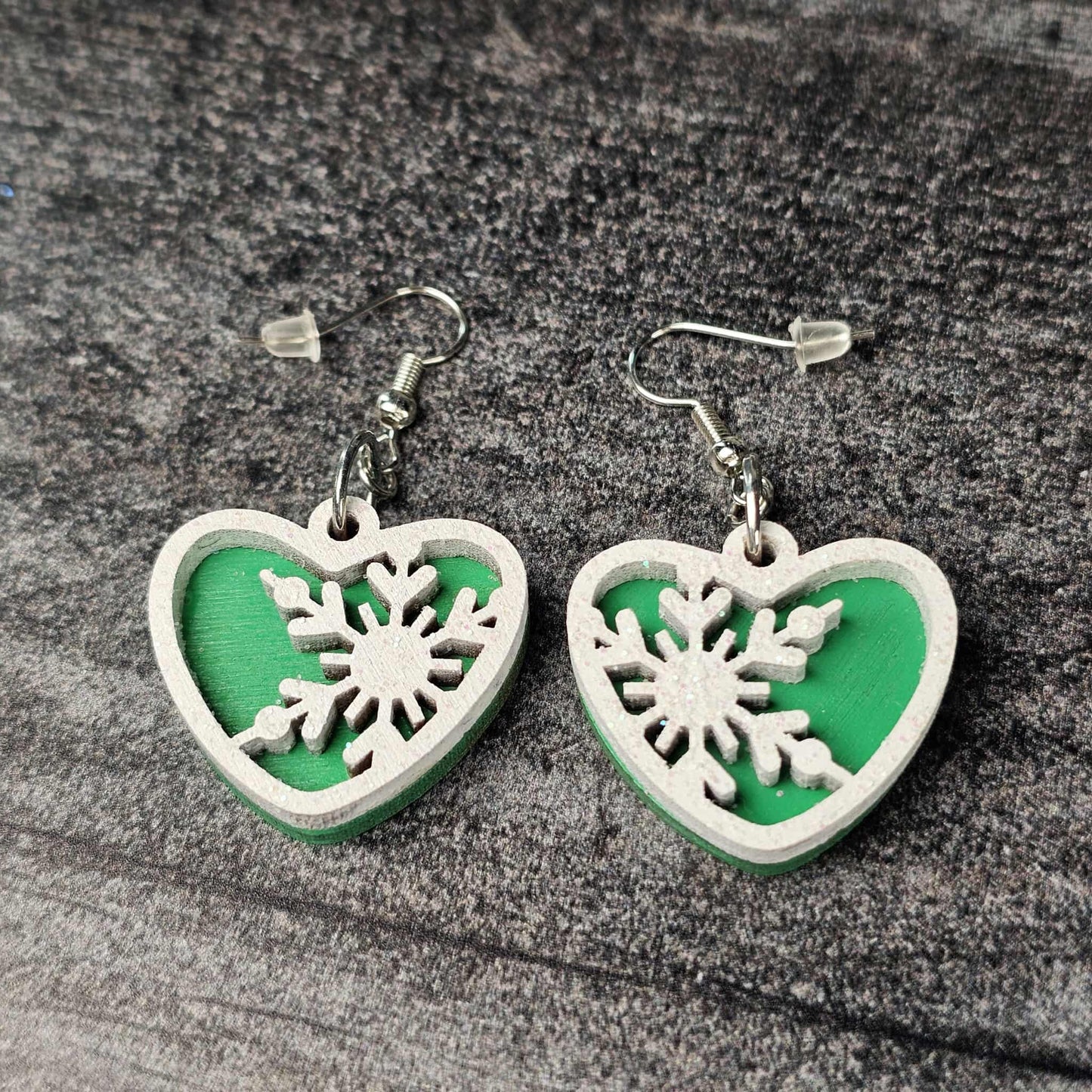 Snowflake Heart Earrings – Layered Wood with Glitter Finish