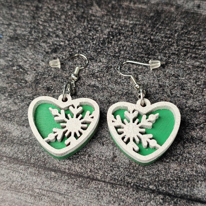 Snowflake Heart Earrings – Layered Wood with Glitter Finish