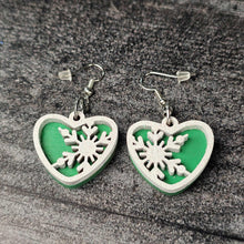 Load image into Gallery viewer, Snowflake Heart Earrings – Layered Wood with Glitter Finish