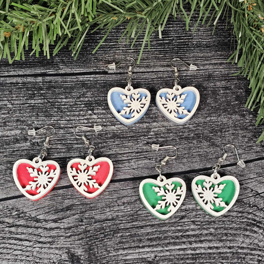 Snowflake Heart Earrings – Layered Wood with Glitter Finish