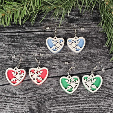 Snowflake Heart Earrings – Layered Wood with Glitter Finish