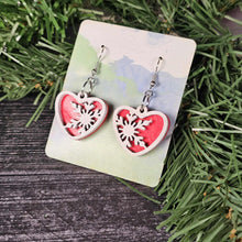 Load image into Gallery viewer, Snowflake Heart Earrings – Layered Wood with Glitter Finish