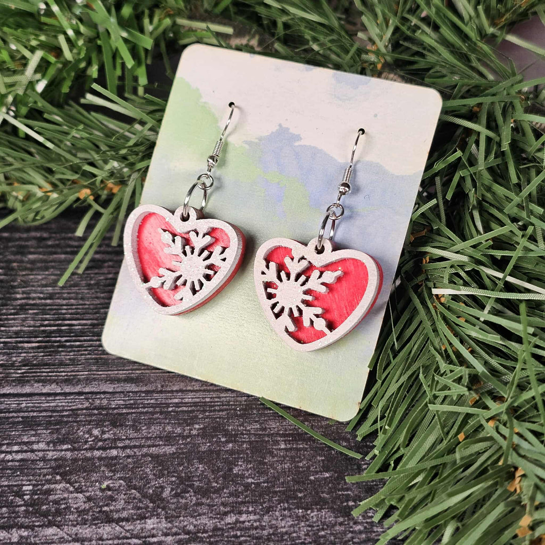 Snowflake Heart Earrings – Layered Wood with Glitter Finish