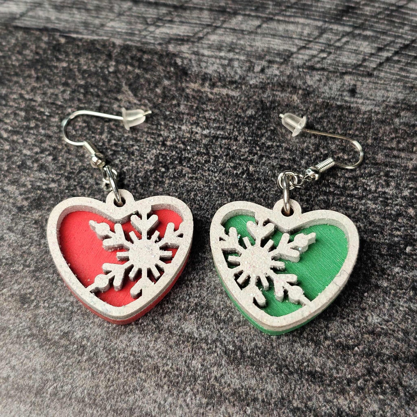 Snowflake Heart Earrings – Layered Wood with Glitter Finish