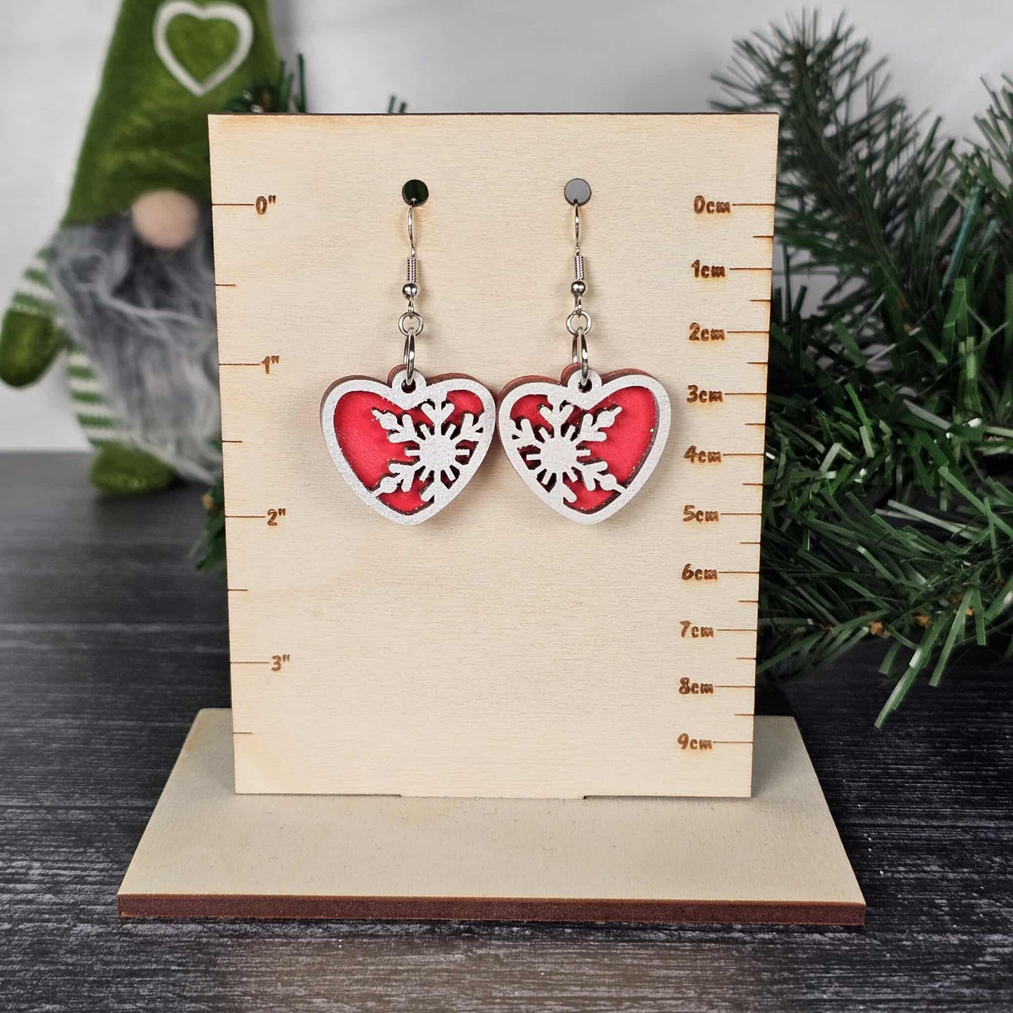 Snowflake Heart Earrings – Layered Wood with Glitter Finish