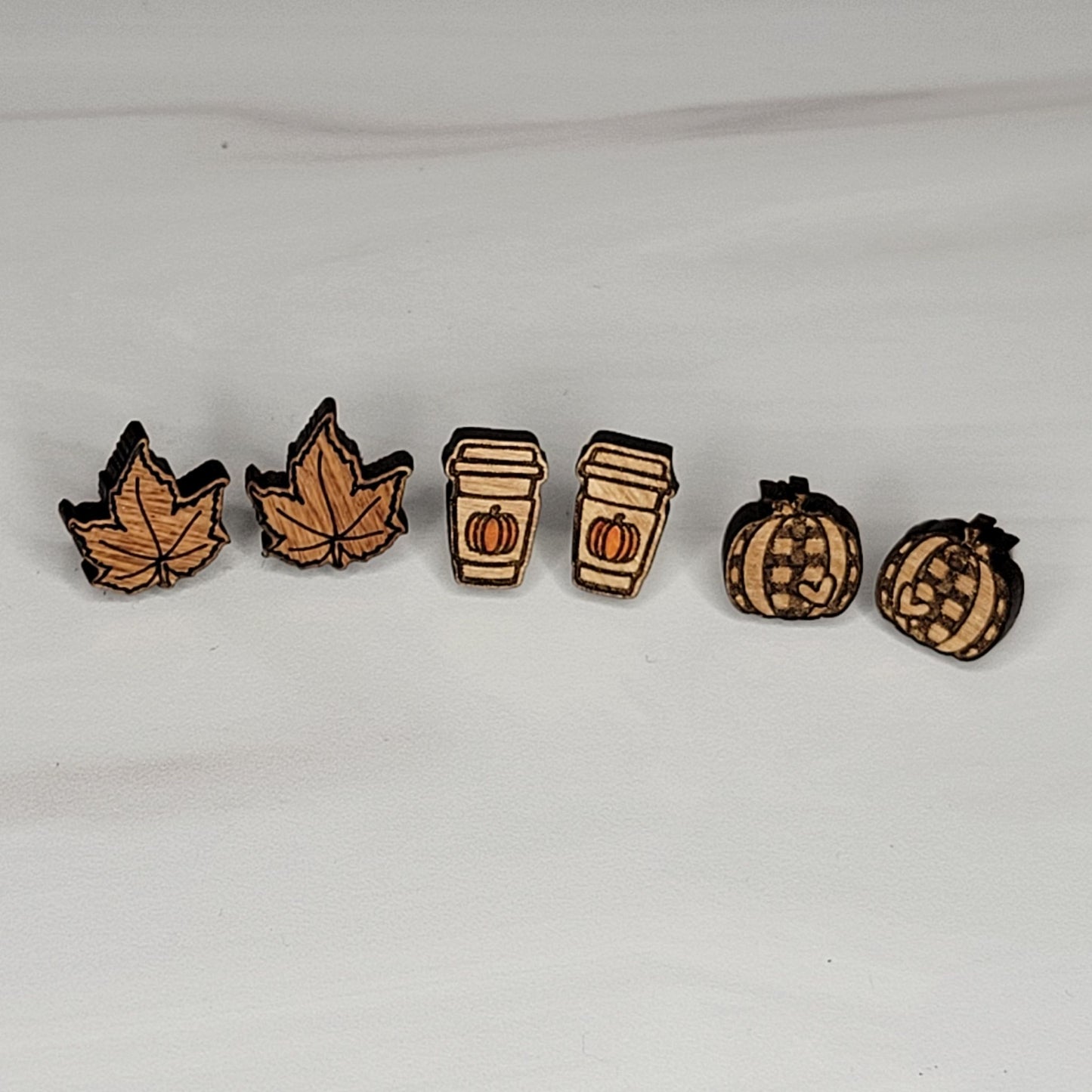 Fall Earring Stud Trio - Plaid Pumpkin, Pumpkin Spice Latte, Maple Leaf
