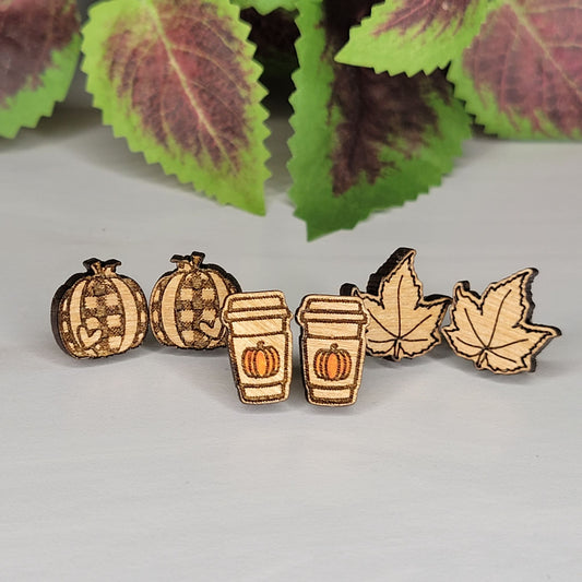 Fall Earring Stud Trio - Plaid Pumpkin, Pumpkin Spice Latte, Maple Leaf