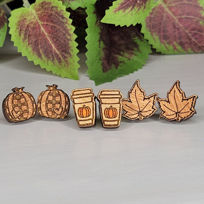 Fall Earring Stud Trio - Plaid Pumpkin, Pumpkin Spice Latte, Maple Leaf