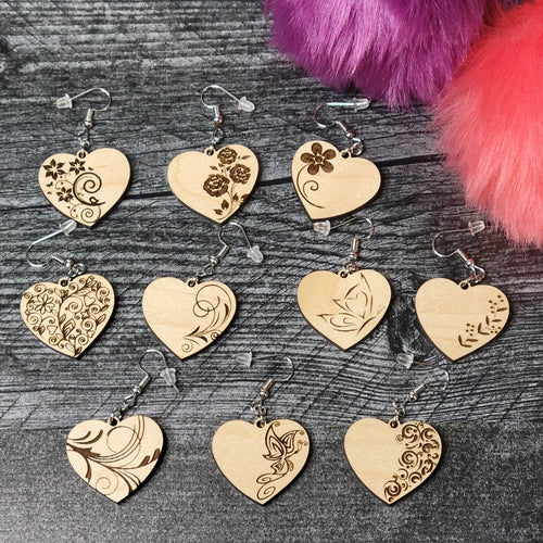 Heart Earrings for Valentine's Day, Wooden